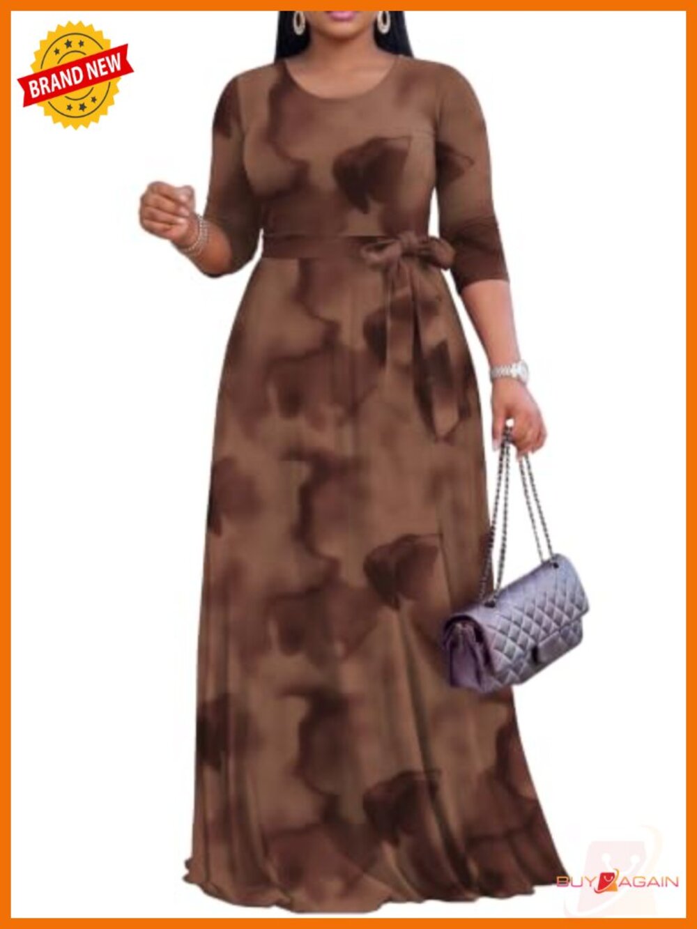 Maxi Dress V-Neck 3/4 Sleeve Empire Waist Tie Belt Casual Flowy